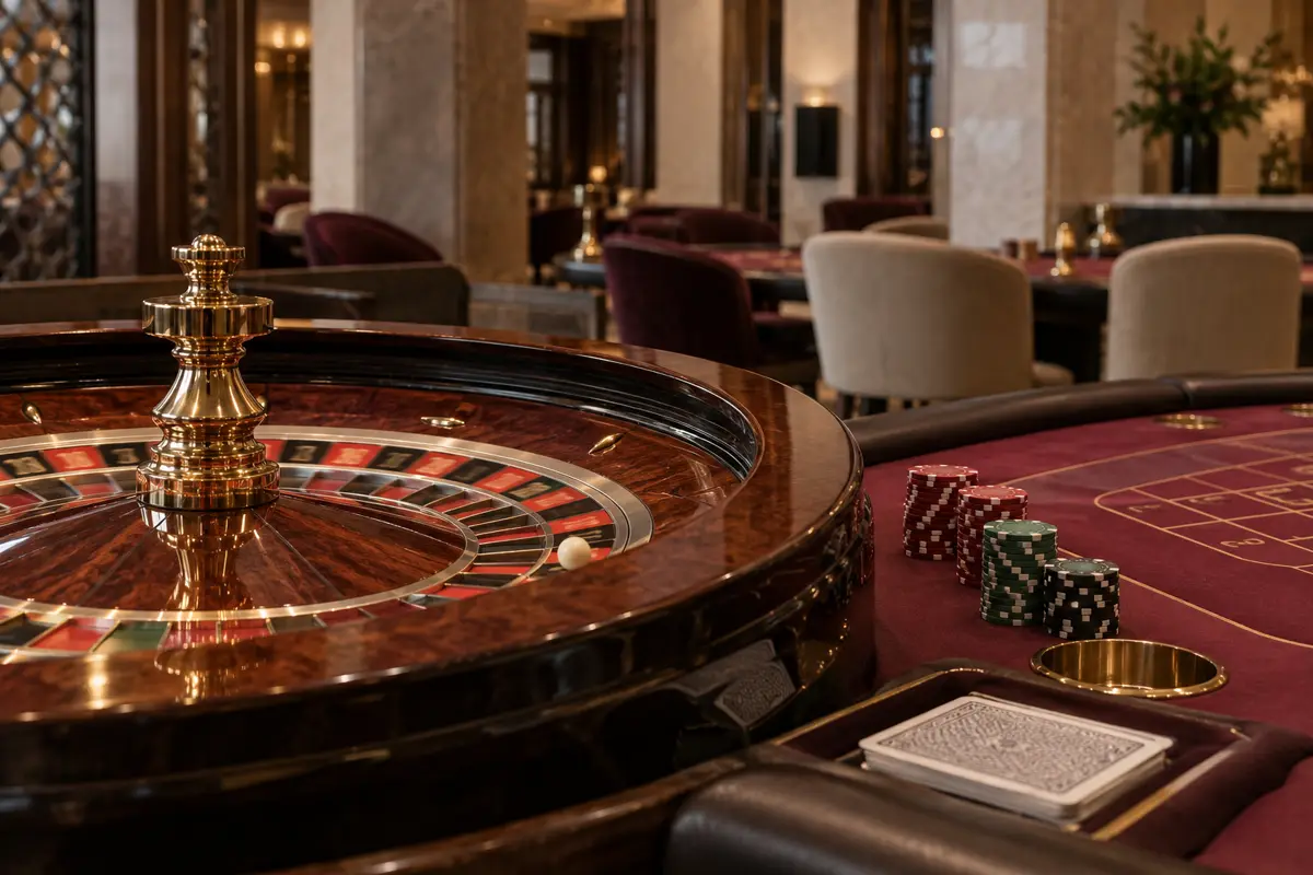 Ruleta y fichas sobre una mesa de juego